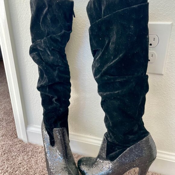 Michael Antonio knee Boots glitter faux suede Sz 5.5  Heels Baddie - Picture 2 of 12